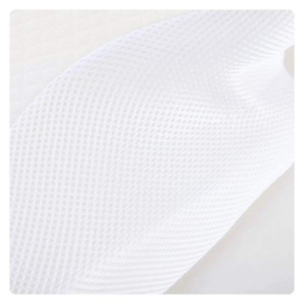 The picture is a closeup of the fabric of the pillow. The picture calls out that the pillow features a breathable and hypoallergenic fabric to provide a cool and comfortable sleep experience.